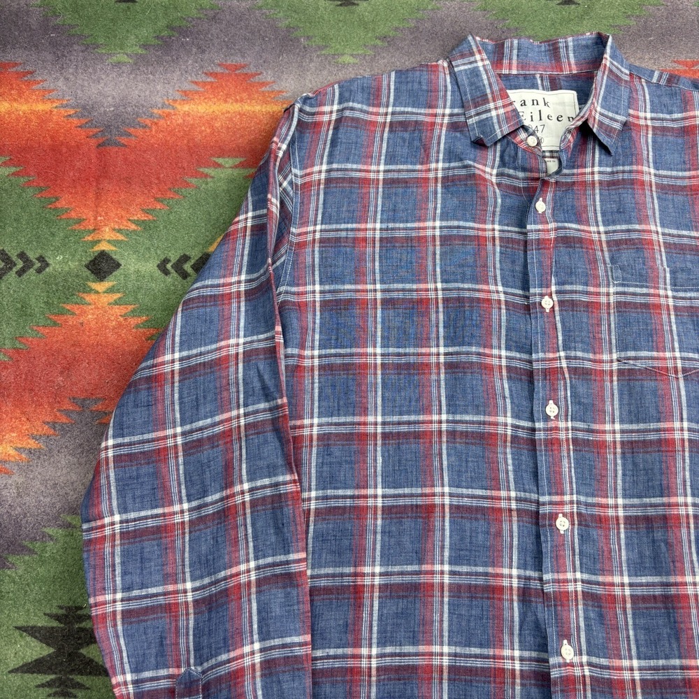 Frank & Eileen Shirt Mens Medium Blue Plaid Luke Linen Long Sleeve Button Up USA - Picture 3 of 12